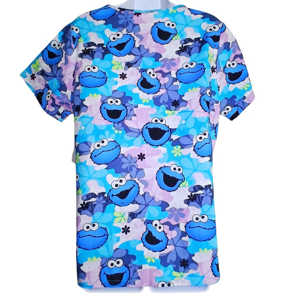 Sesame Street Cookie Monster Women S Scrub Top Cotton Floral Kidcore Y2K Medical - Picture 2 of 10